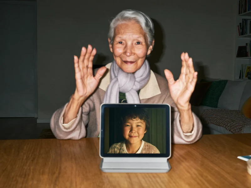 Una nonna in videochiamata dal tablet, con il volto sfocato del nipote sullo schermo