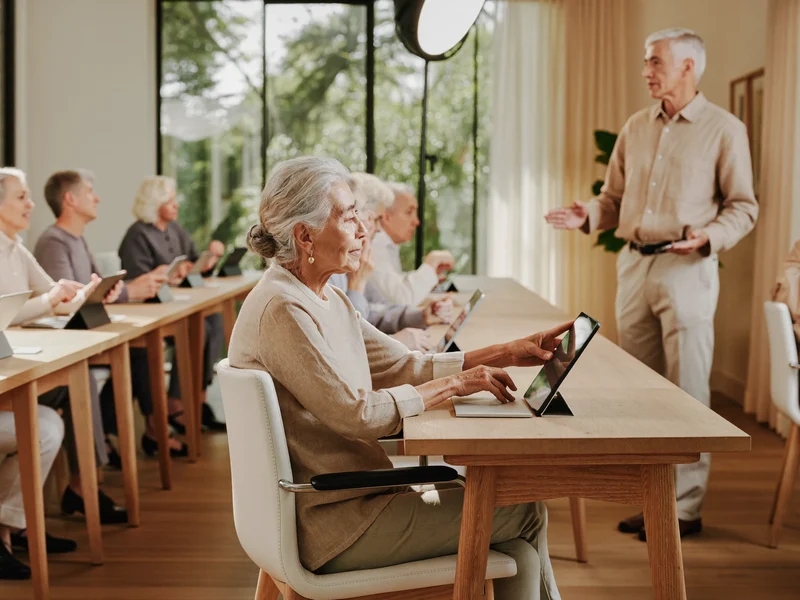 Un piccolo gruppo di anziani impara insieme al tavolo con i tablet in una sala luminosa