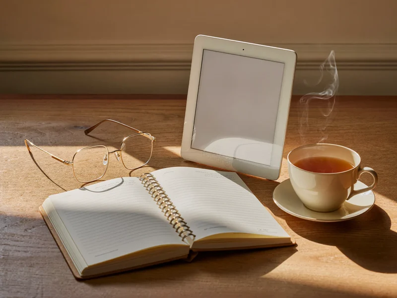 Quaderno a caratteri grandi, occhiali, tazza di tè e tablet su un tavolo